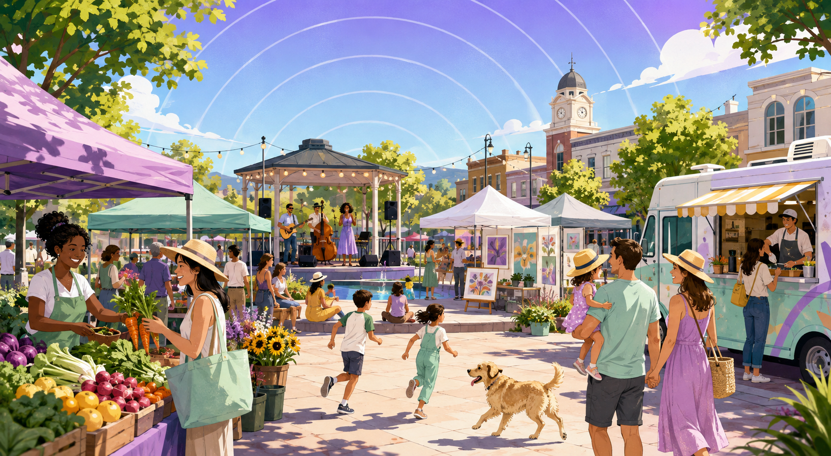 A lively weekend market with music, art, food, and families
